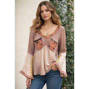 Paul Ropp Boho Patchwork Embroidered Bell Sleeve Blouse Silk 4